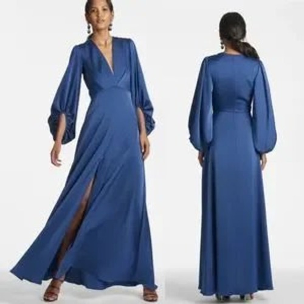 Sachin & Babi Jenny Gown Washed Indigo Blue Satin V-Neck Puff Sleeve Dress 8 NEW